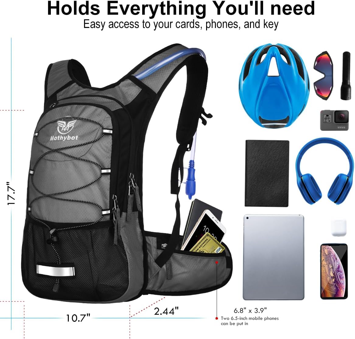 Mothybot Insulated Hydration Backpack Pack with 3L BPA Free Leak Proof Water Bladder, Large Storage Lightweight Hiking Daypack with Waist Pouches & Cooler Layer, for Running, Biking, Camping, Festival
