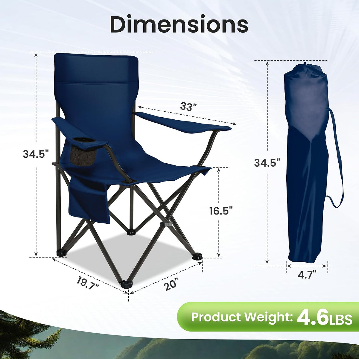 Camping Chairs for Adults 2 Pack, 300LBS Heavy Duty Reinforced Steel Portable Folding Chairs, Ergonomic High Back Outdoor Chair with Cup Holder & Side Pocket, Lightweight Set for Beach Picnic, Blue
