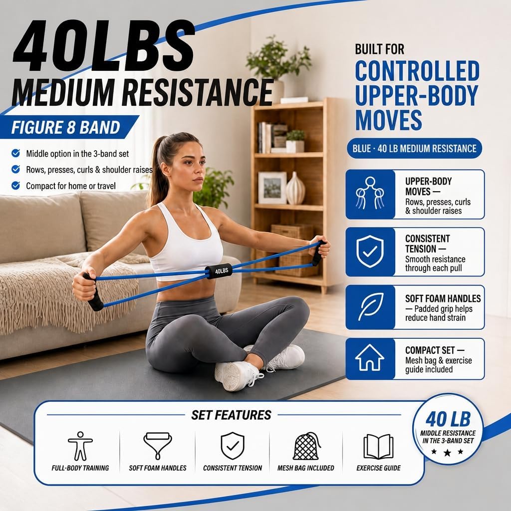 Figure 8 Resistance Bands with Handles, 20/40/60 lb, 3-Pack