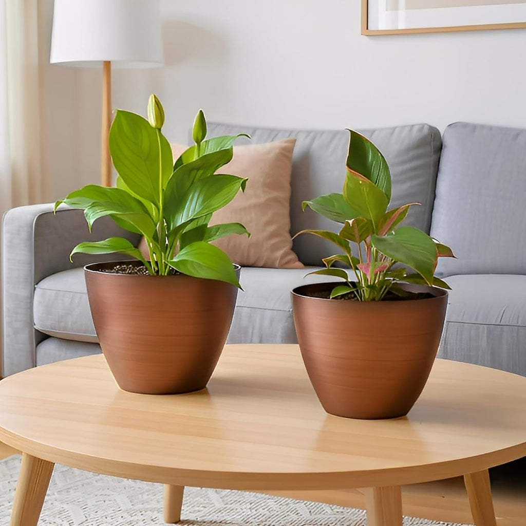 Vanslogreen 2 Pack Plastic Plant Pots with Drainage Holes, 8 inch Planter for Indoor Outdoor Plant, Garden Flower Pots for Aloe, Herbs, Cactus (Brushed Copper, 2pcs)