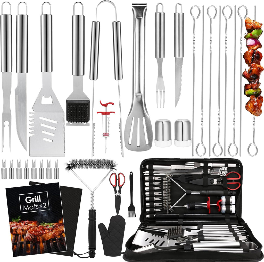 Yoehka BBQ Grilling Accessories Set, 34Pcs Heavy Duty Grill Tools, Brown | For Outdoor Camping, Grilling Gifts for Fathers Day, Men Dad, Stainless Steel Barbecue Utensils Kit, Includes Mats and Glove