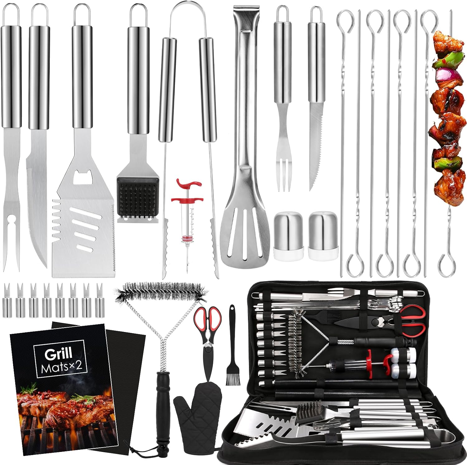 Yoehka BBQ Grilling Accessories Set, 34Pcs Heavy Duty Grill Tools, Brown | For Outdoor Camping, Grilling Gifts for Fathers Day, Men Dad, Stainless Steel Barbecue Utensils Kit, Includes Mats and Glove