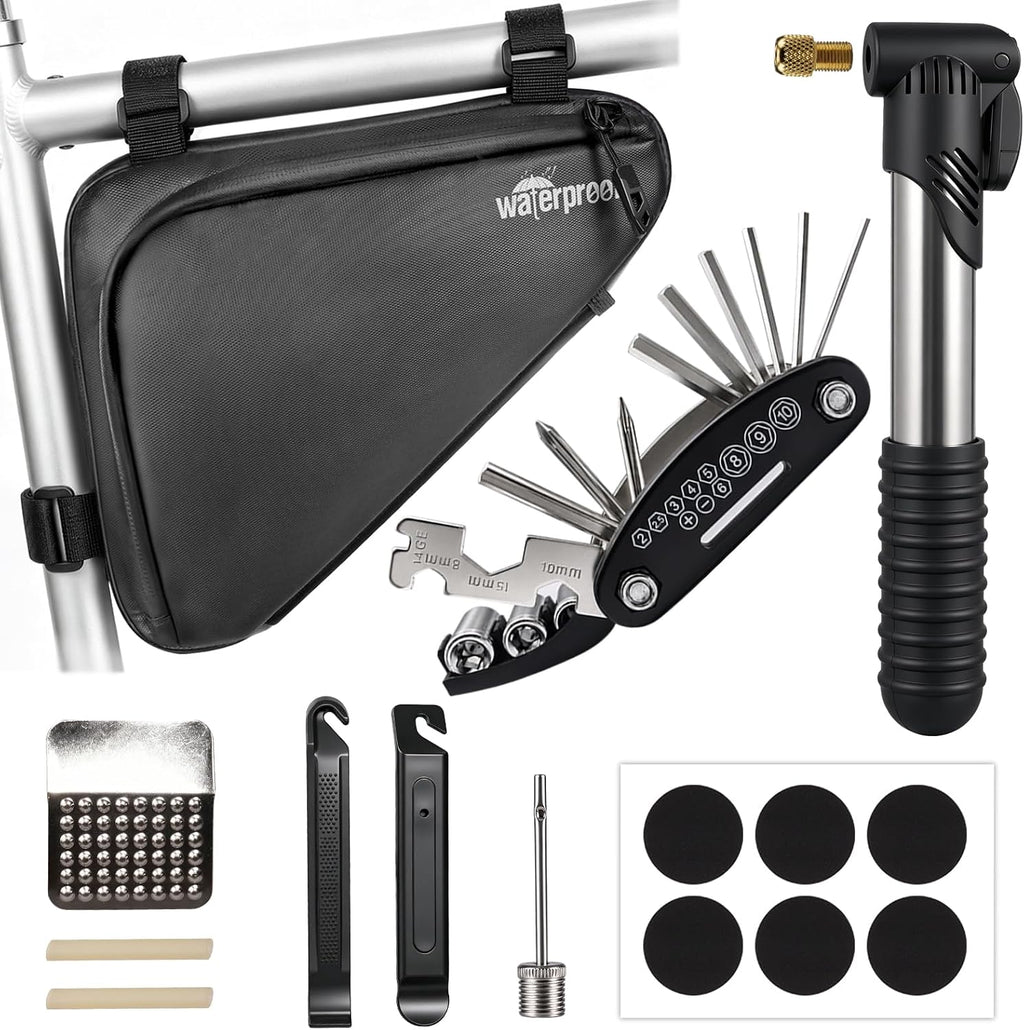 NDakter Bike Frame Bag with Repair Kit, Bicycle Tire Repair Tool Kit Set with Pump & 16-in-1 Multitool, Emergency Bike Pack Accessories for Road MTB BMX