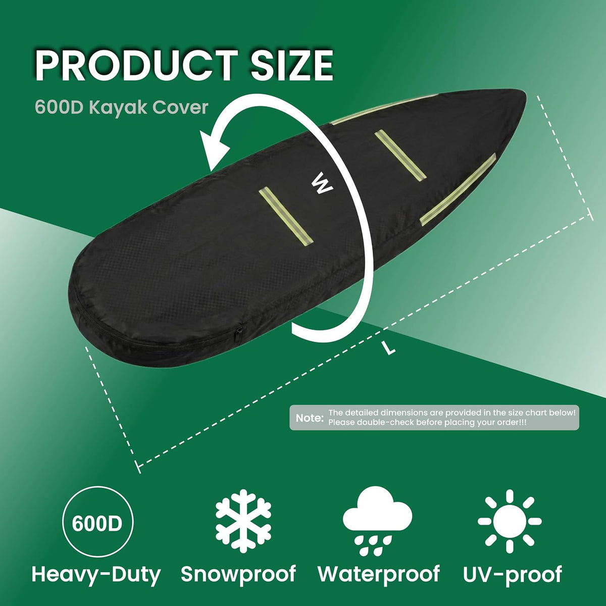 12-14 FT Kayak Cover, Made of 600D Oxford Fabric with a Cotton Lining. Features a Full-Coverage Design, Complete with Zippers and Fluorescent Straps.Suitable for Both Indoor and Outdoor Storage