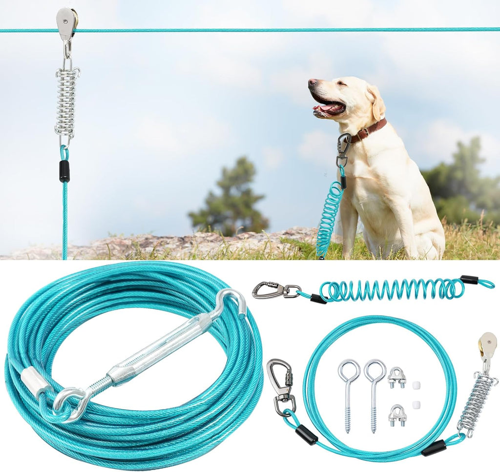 Dog Runner for Yard,Double Shock Absorption Dog Trolley System for Large Dogs,Heavy Duty 50FT Tie Out Run Cable with 10FT Leads,for Dogs Up to 250LBS,Aerial Zipline for Outside,Camping