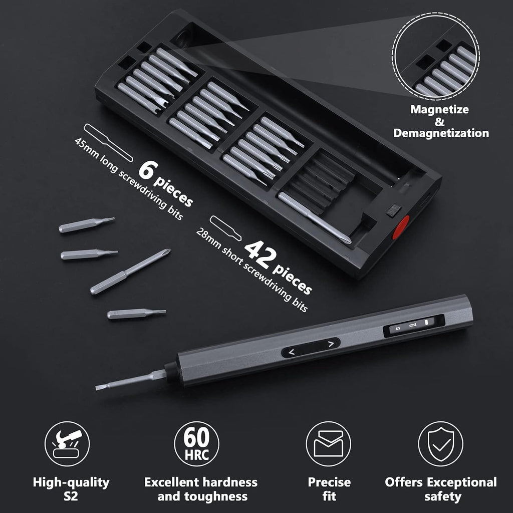 Precision Screwdriver Set, 5 Gear Torque, Mini Electric Screwdriver with OLED Screen, Small Screwdriver Set Rechargeable with 48 multifunctional bits and shadowless LED lights