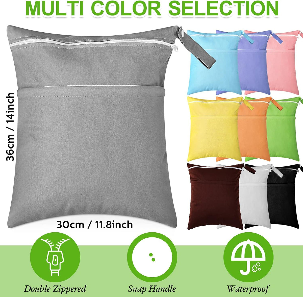 Woanger 10 Pack Wet Dry Bags for Baby Cloth Diapers Waterproof Reusable Travel Bags with Two Zippered Pockets Pool Beach Pouch for Swimsuit Beach Pool Daycare Yoga Gym Dirty Wet Clothe (Vivid Color)