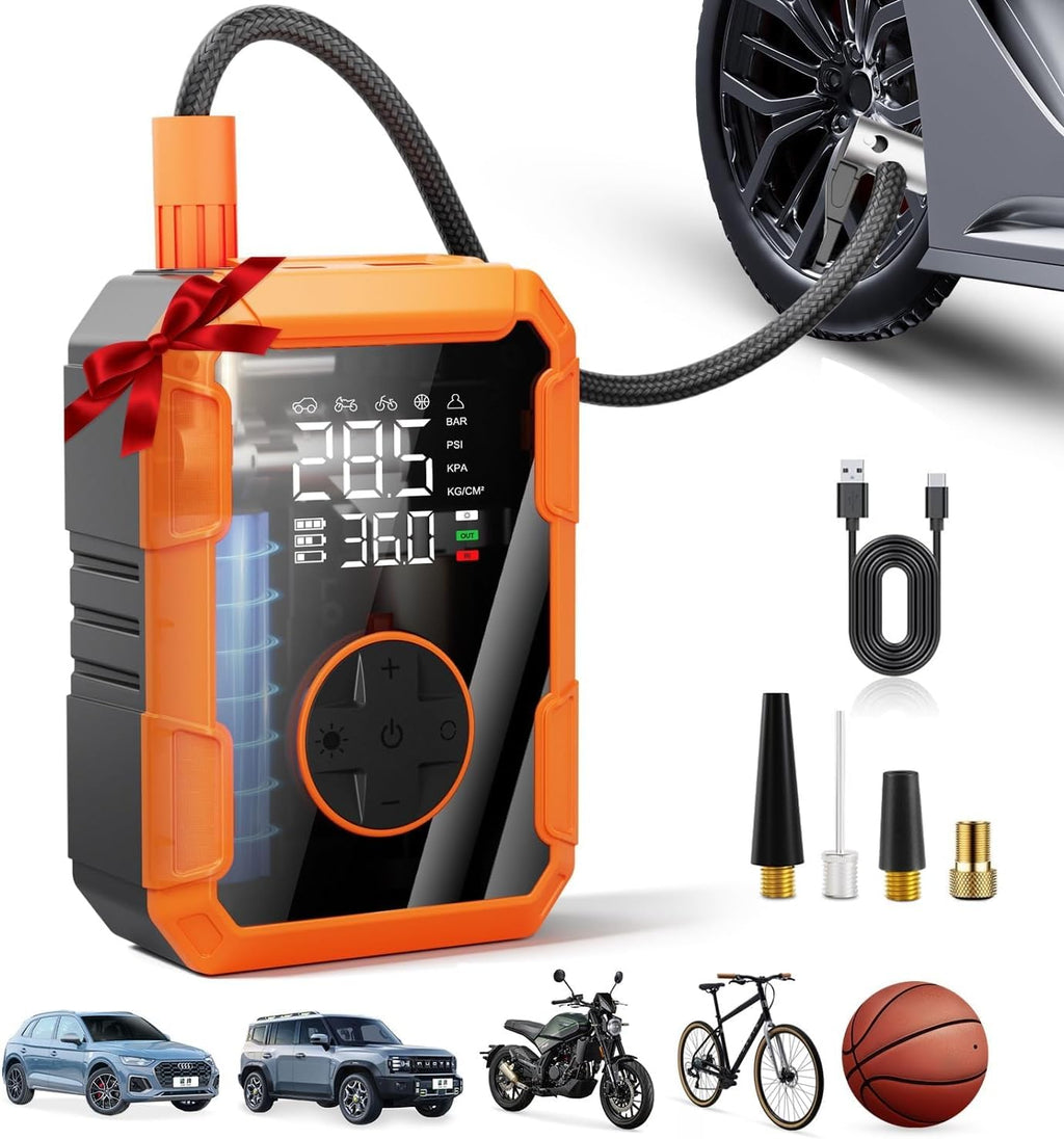 Lazyshine Tire Pump for Bike and Car, Portable Air Pump for Car Tires Cordless Rechargeable, 150PSI Electric Bike Pump w/Pressure Gauge for Motorcycle Ball, Tire Inflator Compressor