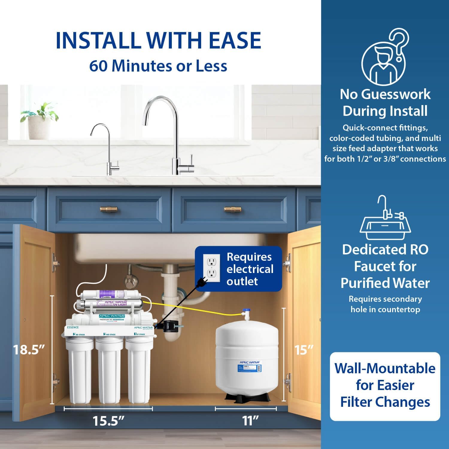 APEC Water ROES-PHUV75, 7-Stage Under Sink RO System, Alkaline & UV, 75 GPD