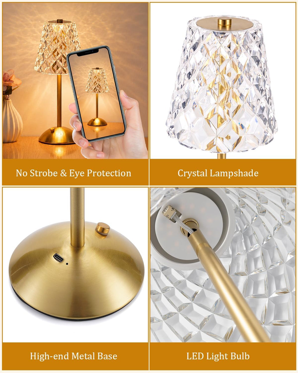 Nusogon Rechargeable Cordless Table Lamp, Gold Small Battery Powered Lamp