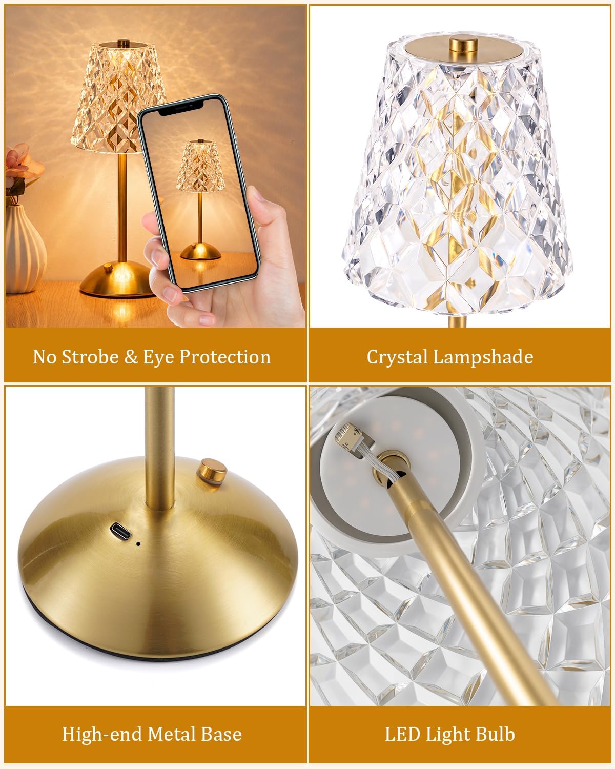 Nusogon Rechargeable Cordless Table Lamp, Gold Small Battery Powered Lamp