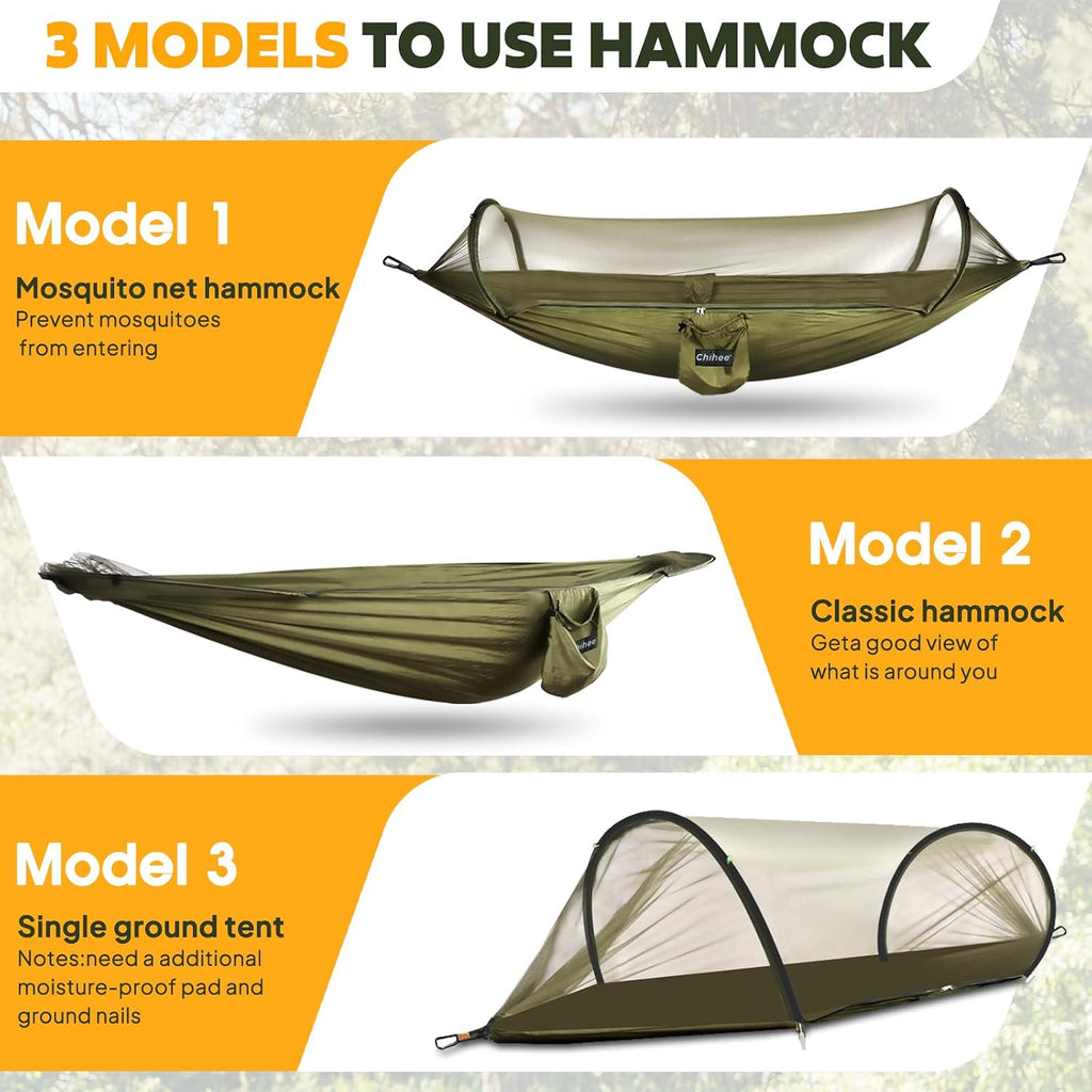 Chihee Ultra-Light Travel Camping Hammock Pop-up Net Hammock 660lbs Load Capacity,Breathable,Quick-Drying Parachute Nylon 2 Premium Carabiners,2 Tree Slings Included for Outdoor Backpacking Hiking