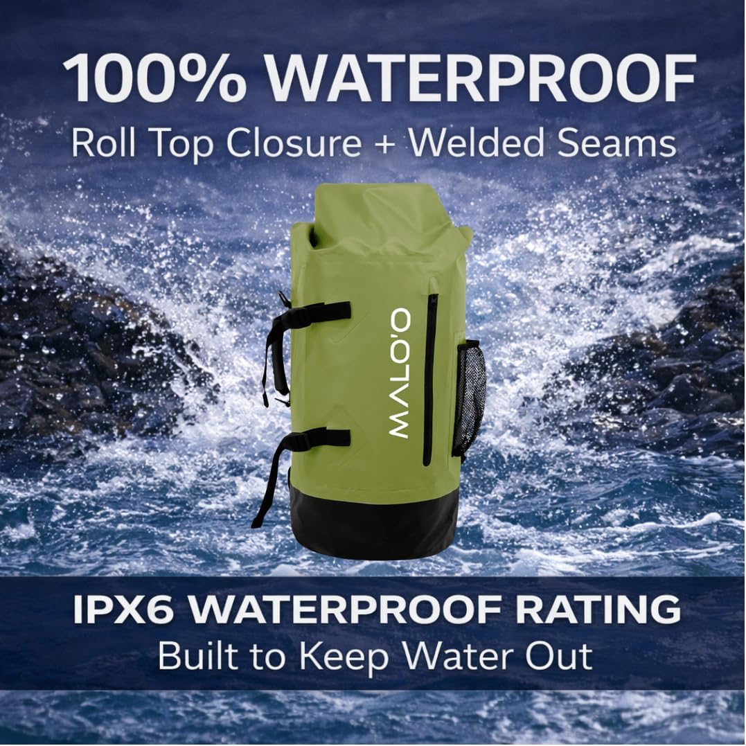 Malo’o 45L Waterproof Dry Bag Backpack – Heavy Duty Roll Top Fishing & Beach Backpack, IPX6 Water Resistant Gear Bag for Kayaking, Camping, Surf, Travel & Outdoor Adventure