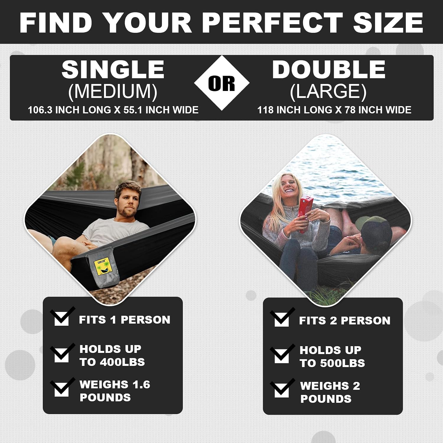 SZHLUX Camping Hammock Double & Single Portable Hammocks with 2 Tree Straps, Great for Hiking,Backpacking,Hunting,Outdoor,Beach,Camping,Black / Grey