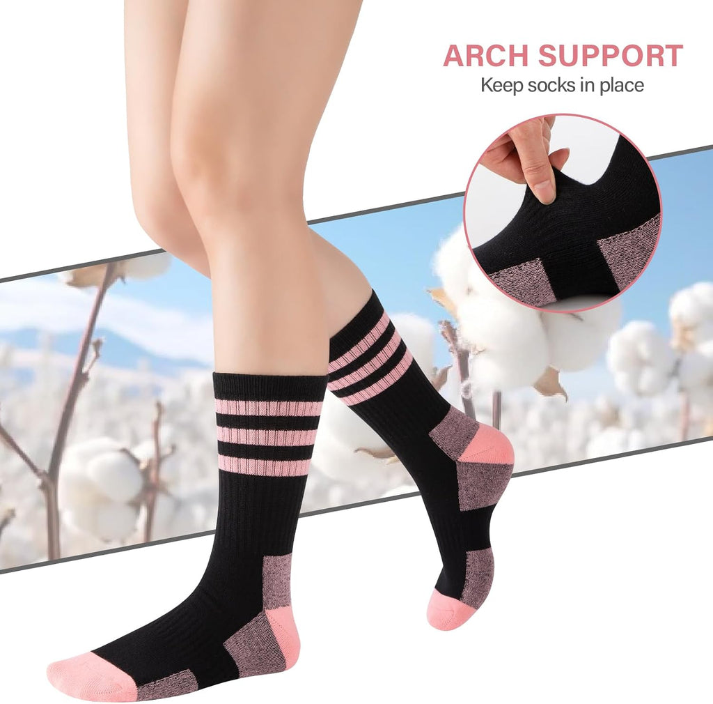 COOPLUS Womens Athletic Crew Socks Cushioned Cotton Wicking Outdoor Recreation Sports Calf Socks 5 Pairs