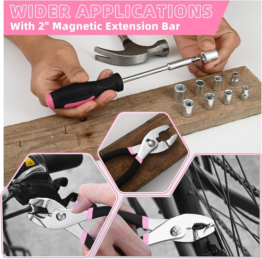 144-Piece Household Tool Set, Pink Tool Kit with Plastic Toolbox