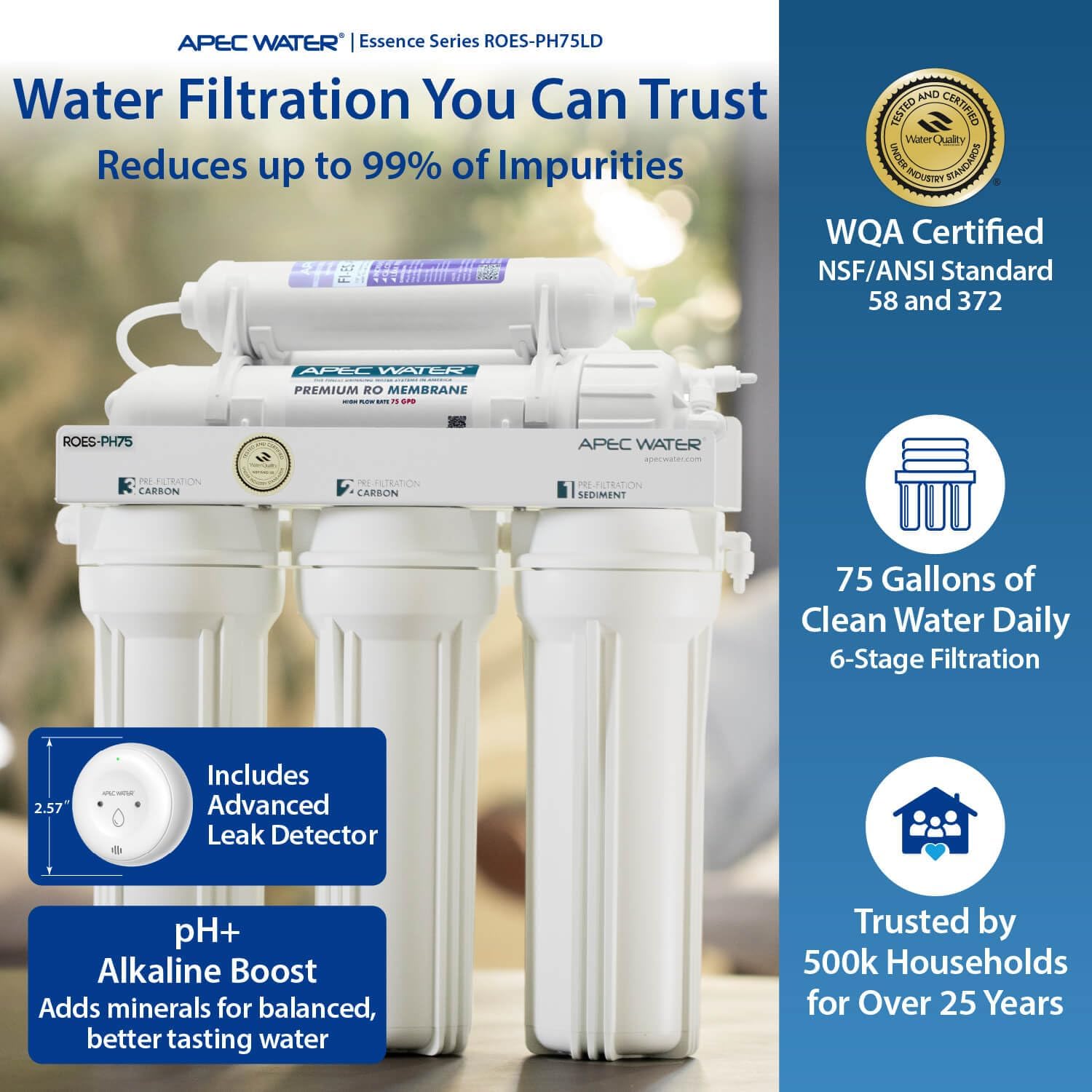 APEC Water ROES-PH75LD, 6-Stage Under Sink RO System, Alkaline, 75 GPD