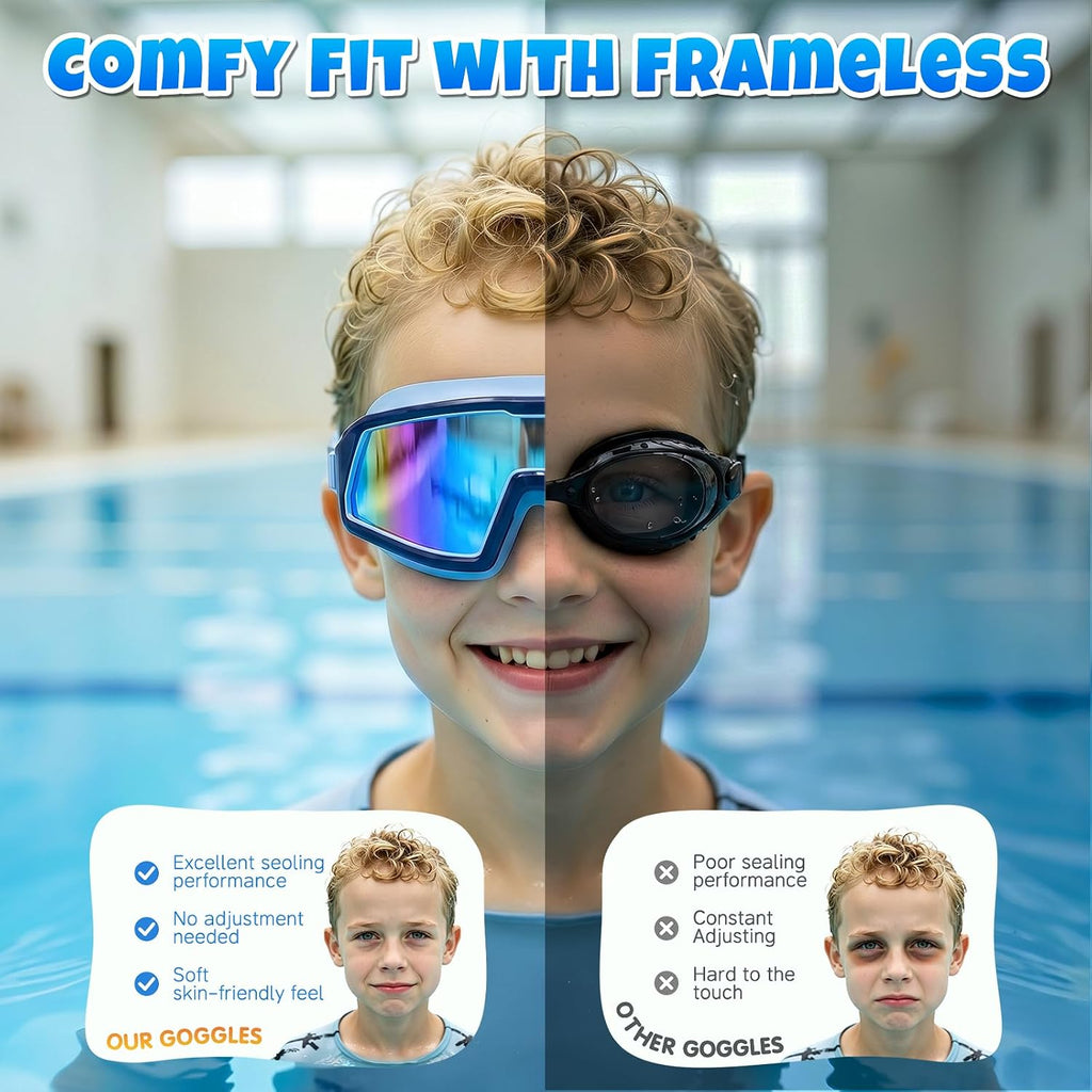 Kids Swim Goggles 2 Pack, Large Frame, Anti-Fog, UV Protection, Leakproof, Wide View, Age 4-14
