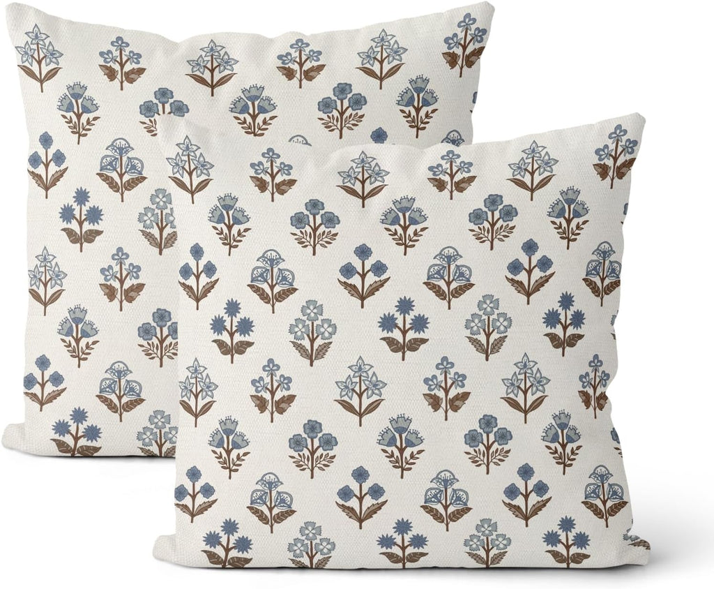 Blue Brown Pillow Covers 18x18 Inch 2 Pcs Block Print Vintage Floral Decor Throw Pillows Boho Flower Spring Summer Outdoor Seasonal Decoration Pillowcase Linen Cushion Cover for Couch Sofa