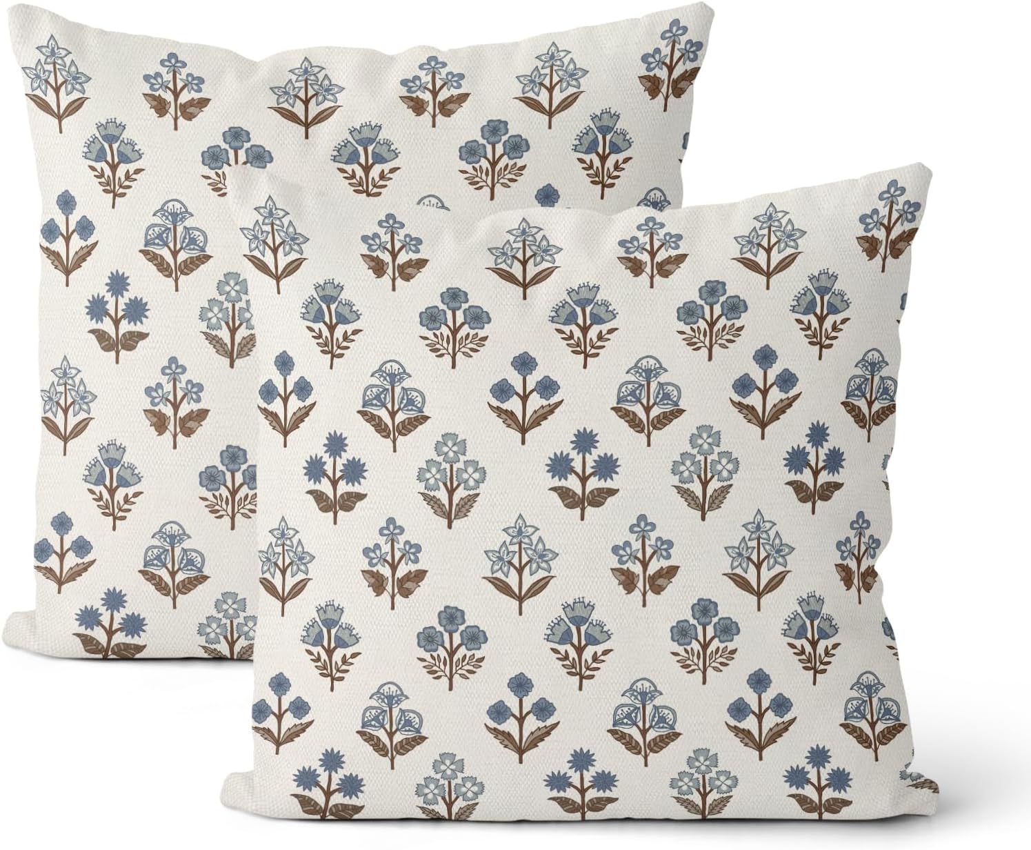 Blue Brown Pillow Covers 18x18 Inch 2 Pcs Block Print Vintage Floral Decor Throw Pillows Boho Flower Spring Summer Outdoor Seasonal Decoration Pillowcase Linen Cushion Cover for Couch Sofa