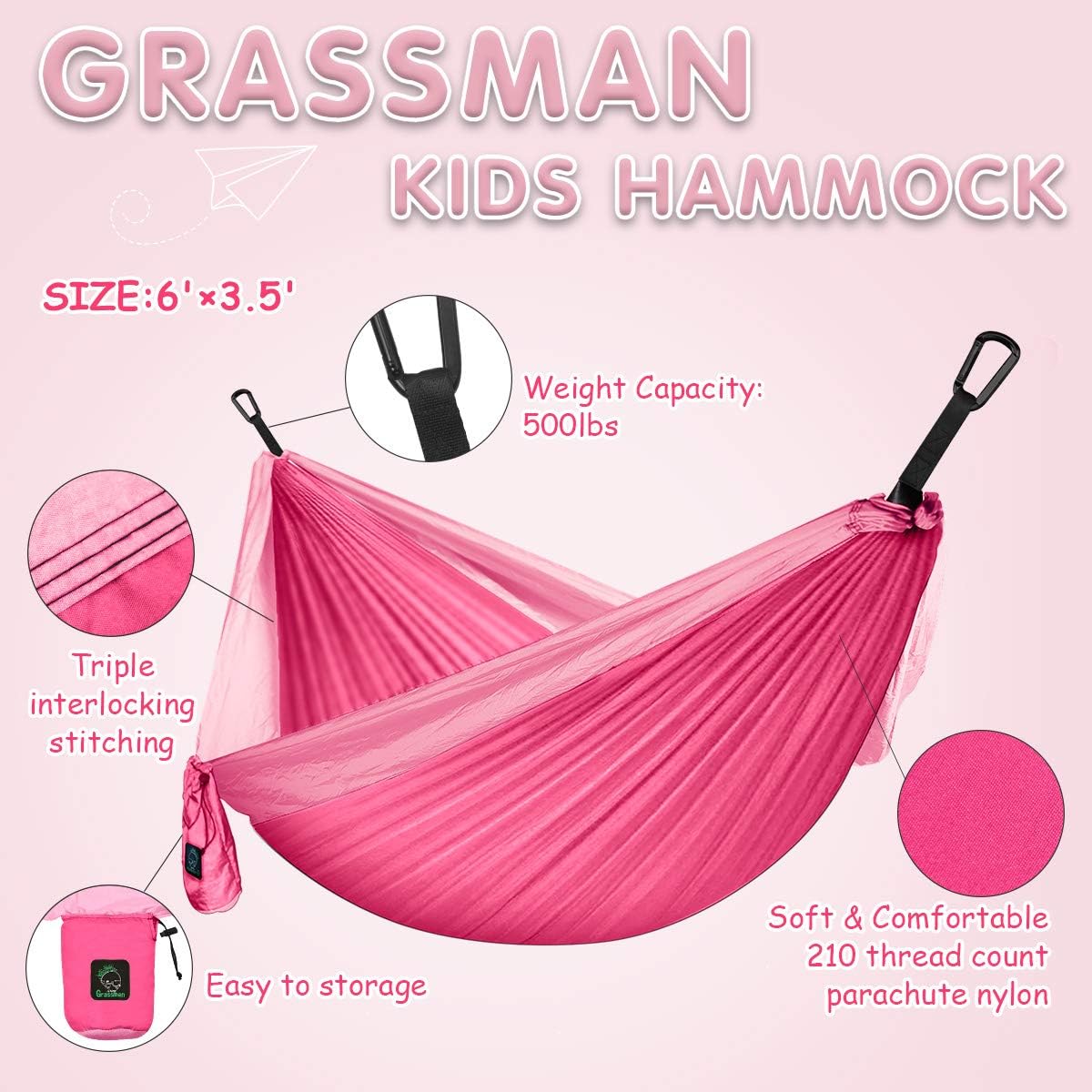 GRASSMAN Kids Hammock-Small Camping hammocks, Portable Camping Gear for Child Indoor/Outdoor use, with Tree Straps & Carabiners Pink