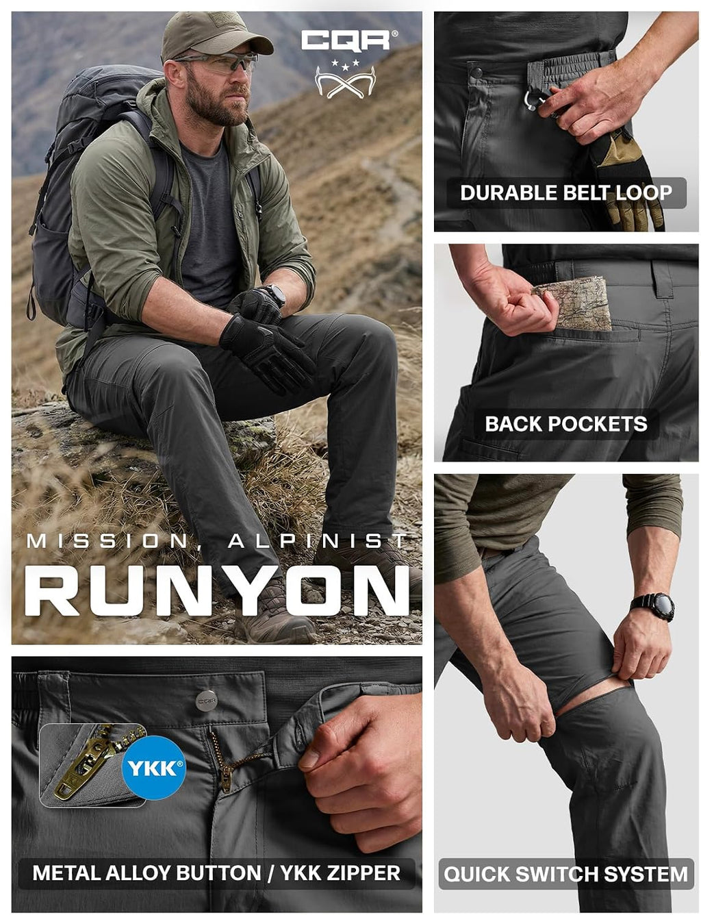 CQR Men's Convertible Cargo Tactical Pants, Water Resistant Outdoor Hiking Pants, Zip Off Lightweight Stretch Work Pants