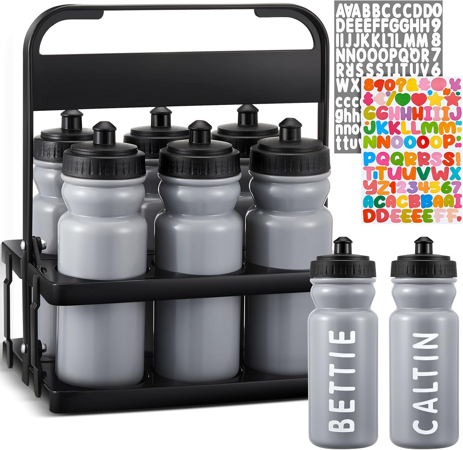 Suclain Squeeze Water Bottles with Carrier, 7 Pcs, Grey