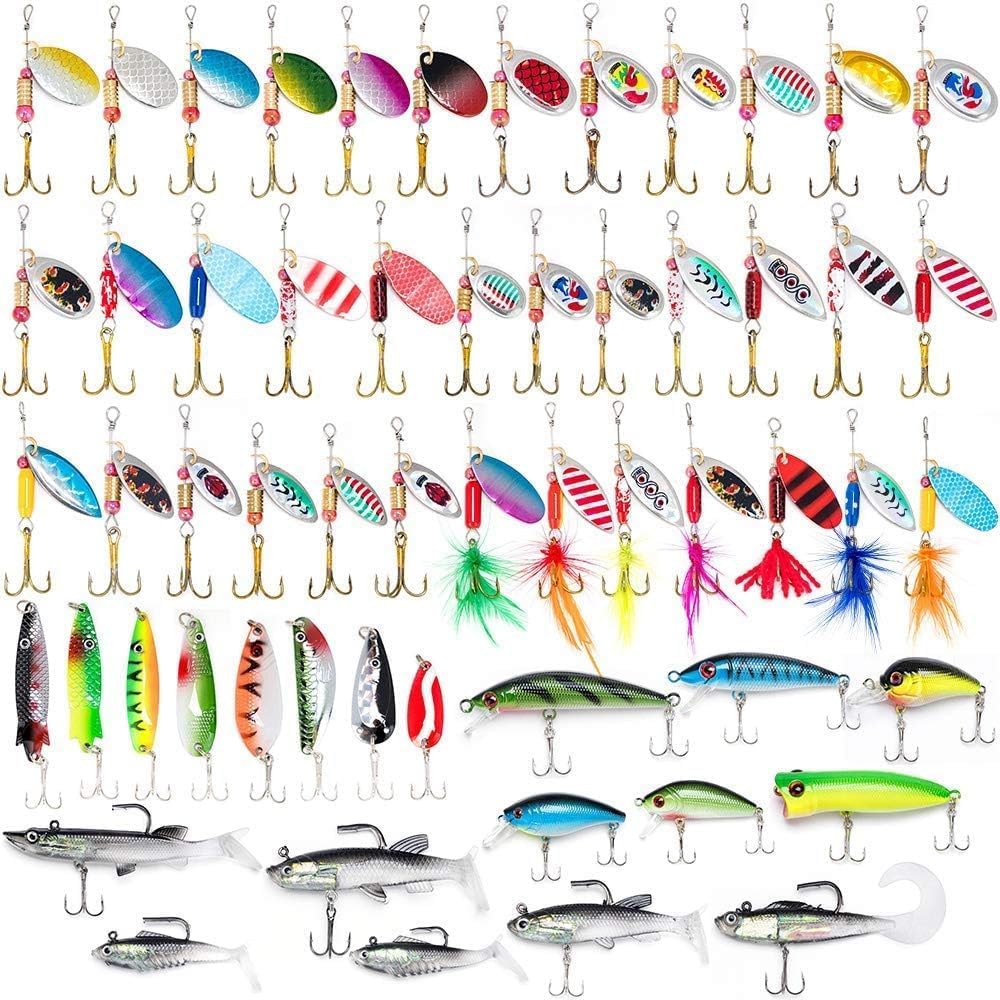 Dr.Fish Tackle Bag with 60 Fishing Lures Spinners Soft & Hard Baits