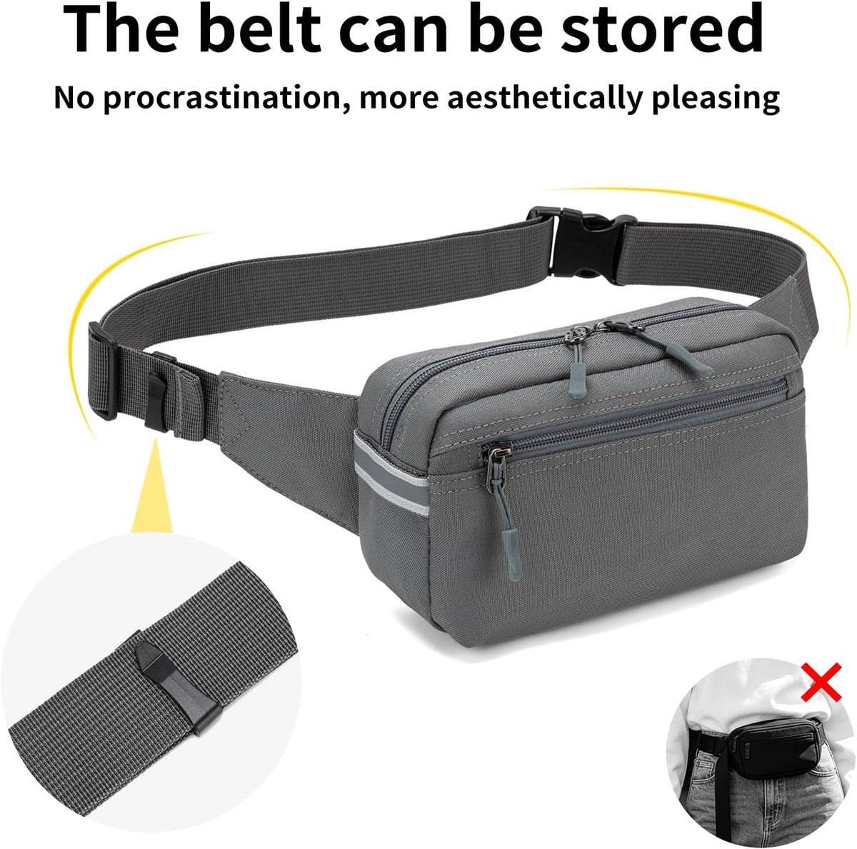 Mini Hiking Waist Bag, 3-Pocket 1.7L RFID Blocking Fanny Pack for Men Women (Grey)