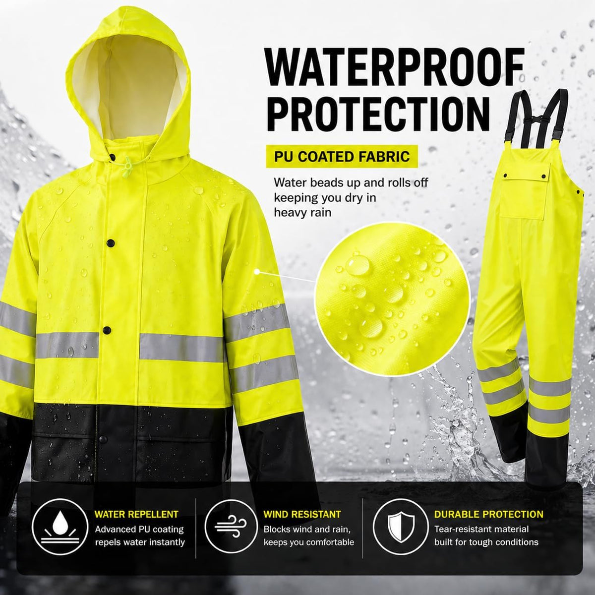 Rain Suit For Men & Women Waterproof Heavy Duty Rain Gear Reflective Jacket for Fishing Outdoor Work Raincoats