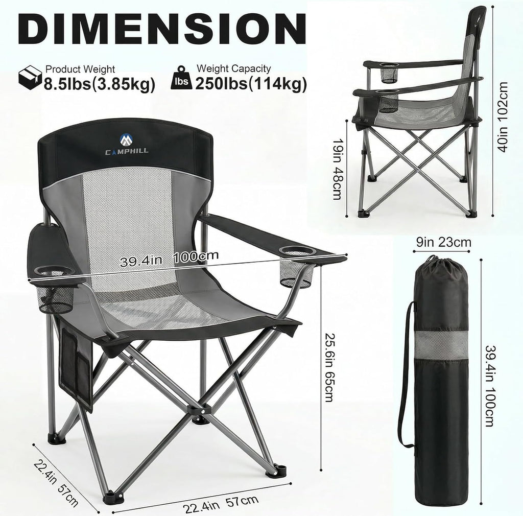 2 Pack Camping Chairs for Adults,Oversized Mesh Back Lawn Chair with Cup Holder, Side Pocket&Bag for Outdoor,Beach,Picnic,Fishing,and Sports,Breathable,Heavy Duty,Black