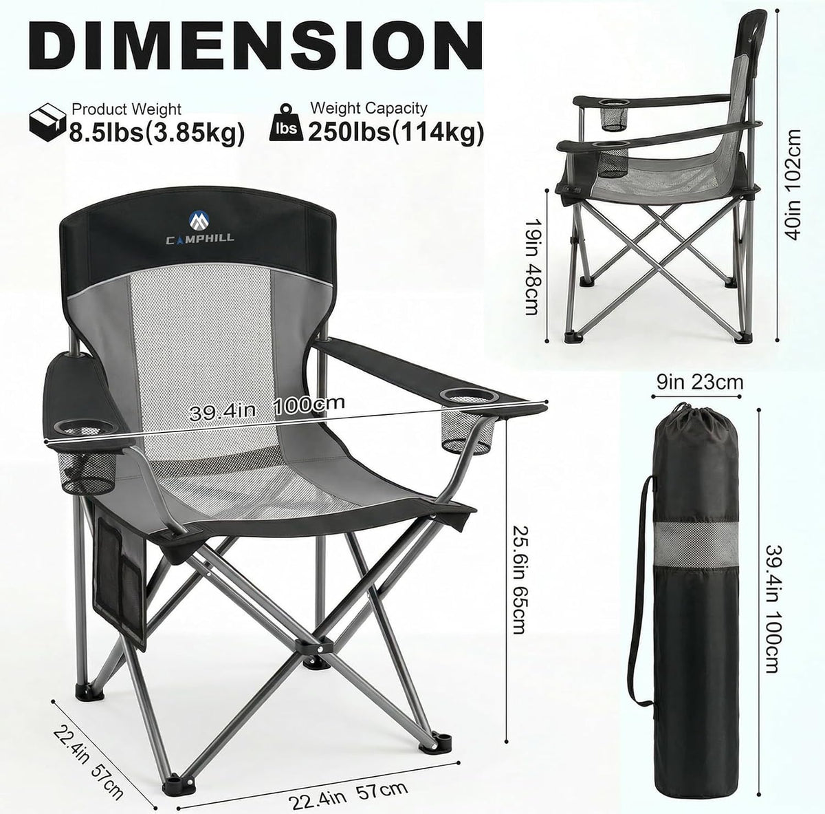 2 Pack Camping Chairs for Adults,Oversized Mesh Back Lawn Chair with Cup Holder, Side Pocket&Bag for Outdoor,Beach,Picnic,Fishing,and Sports,Breathable,Heavy Duty,Black