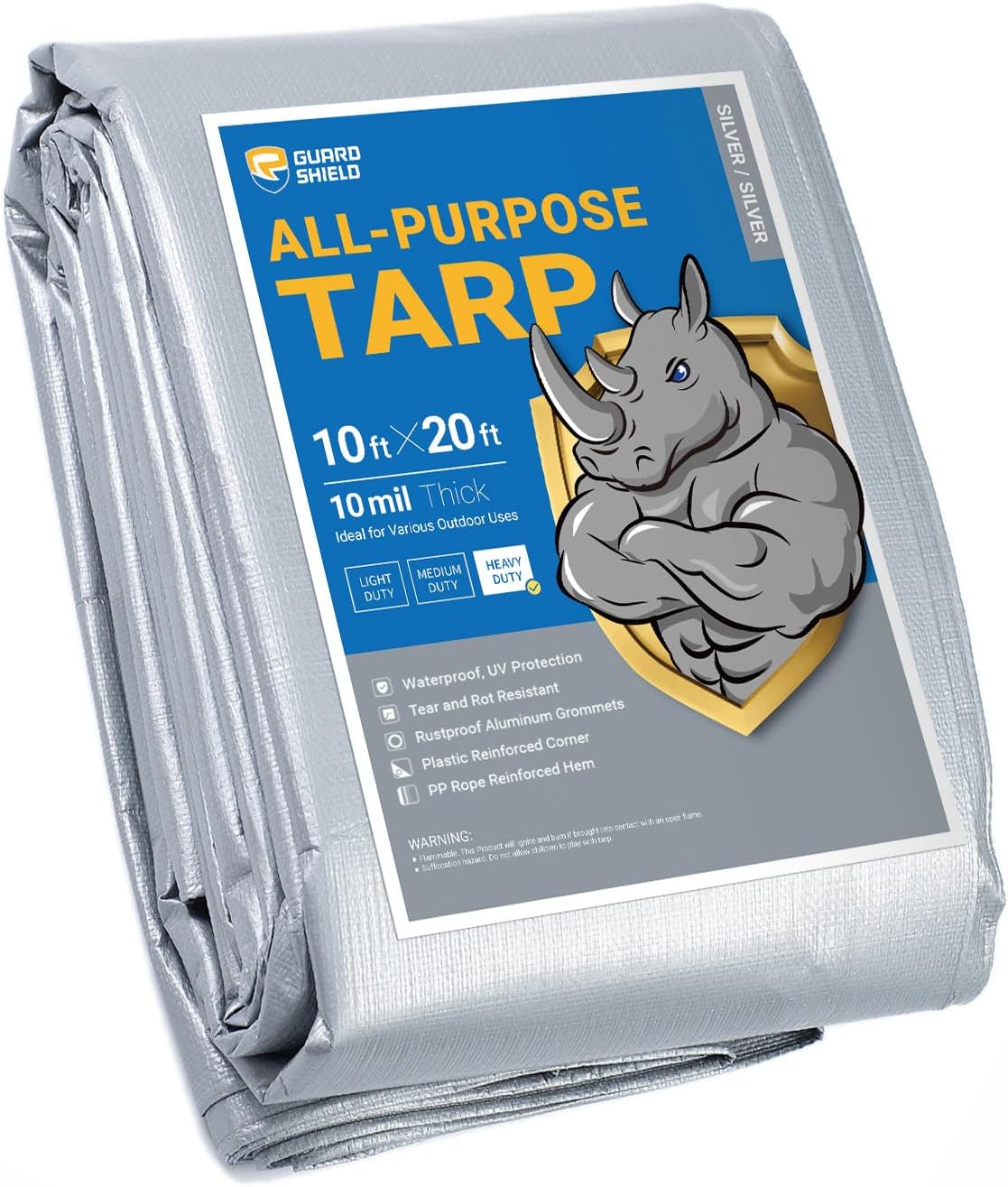 GUARD SHIELD Heavy Duty Tarp 10x20 Feet Silver Multi Purpose Thick Waterproof Poly Tarp Cover 10mil