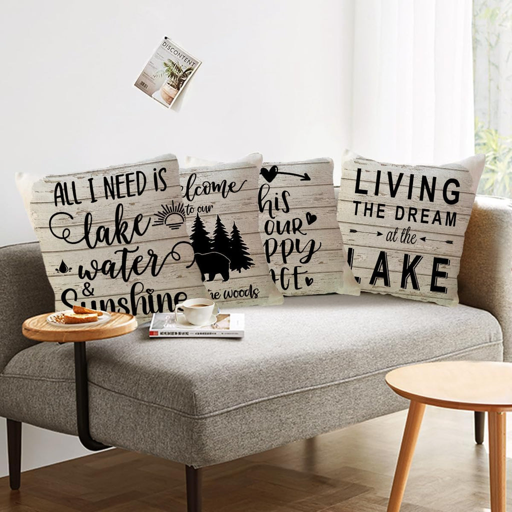 Lake Camper Throw Pillow Covers 18 x 18 Inch This is Our Happy Place Quote Cushion Covers Bear Woods Sunshine Camping/Cabin Farmhouse Rustic Decorative Pillowcases 4Pack for Sofa Couch Porch