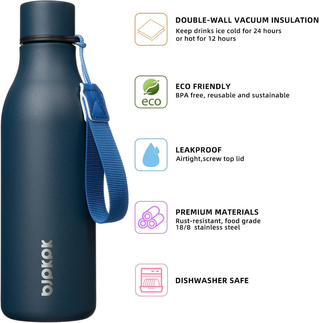 BJPKPK 18oz Insulated Water Bottle, Stainless Steel Bottle with Carry Strap