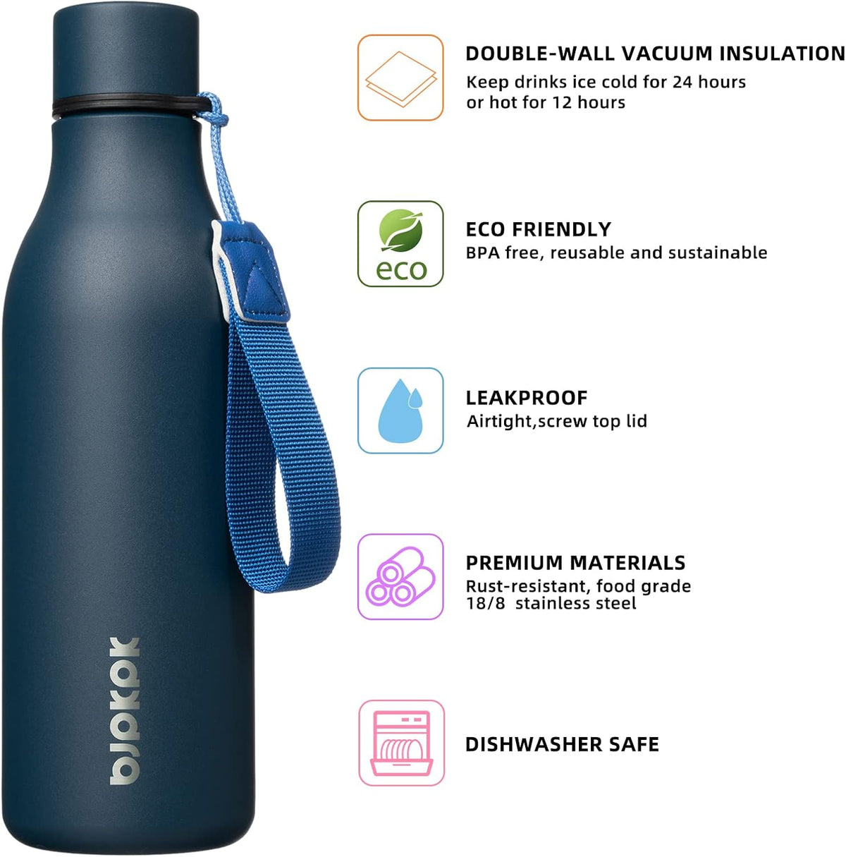 BJPKPK 18oz Insulated Water Bottle, Stainless Steel Bottle with Carry Strap
