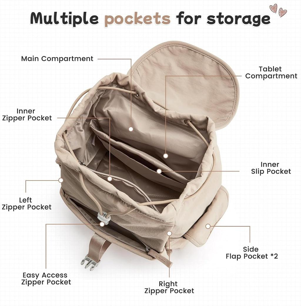G4Free Small Backpack for Women, Nylon Casual Daypack for Work Travel Campus, Khaki