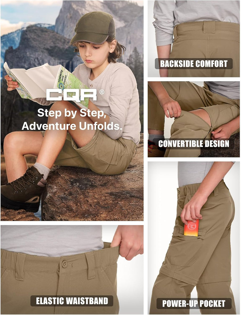 CQR Kids Youth Hiking Cargo Pants, UPF 50+ Quick Dry Convertible Zip Off Pants, Outdoor Camping Pants