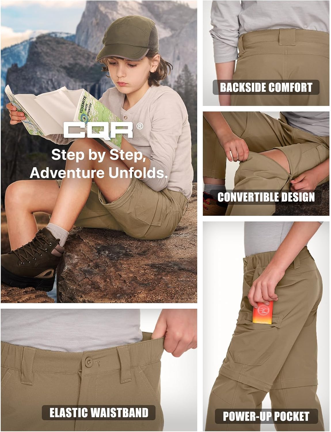 CQR Kids Youth Hiking Cargo Pants, UPF 50+ Quick Dry Convertible Zip Off Pants, Outdoor Camping Pants