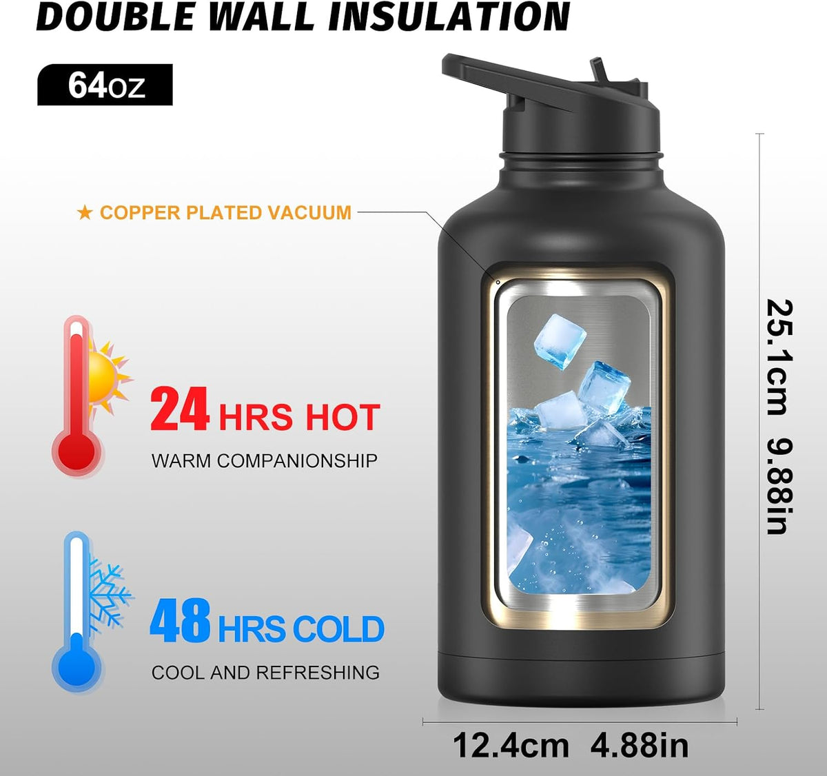 64oz Insulated Water Bottle (Cold for 48 Hrs),BPA Free&Leak Proof,Half Gallon Stainless Steel Water Flask,Water Jug with Straw Spout Lids for Gym,Hiking,Camping,Black