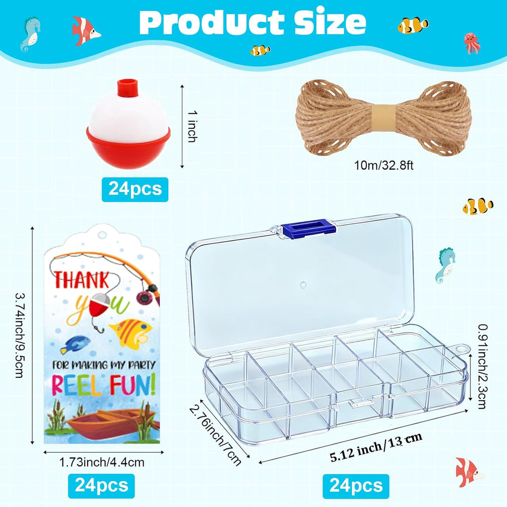 24 Set Fishing Candy Little Tackle Boxes for Birthday Party Favors with 24 Fishing Bobber 24 Thank You Cards for Making My Party Reel Fun Gone Fishing Theme Supplies Fishing Decorations (24)