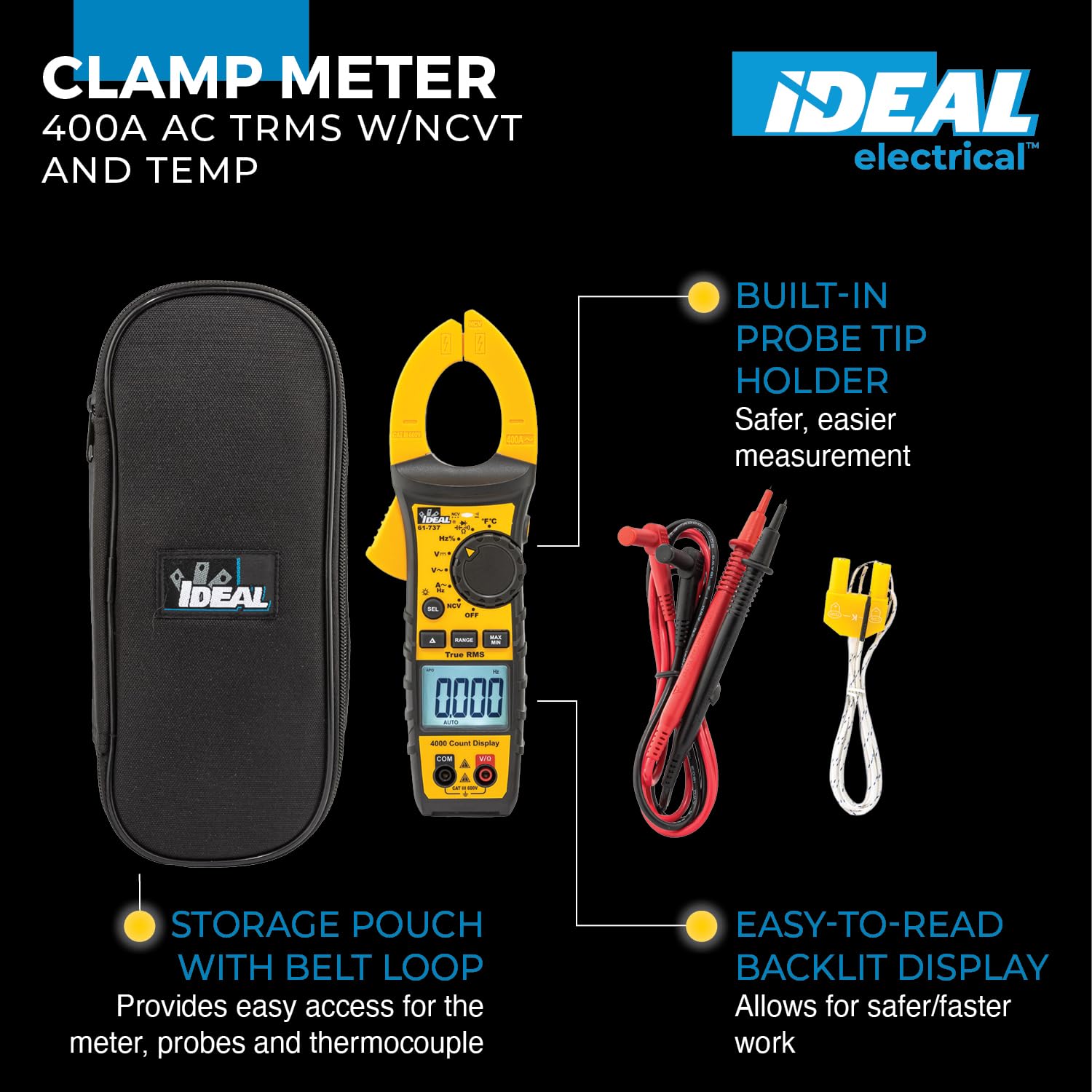 Ideal Electrical Digital AC Clamp Meter, 61-737, 400A, 600V
