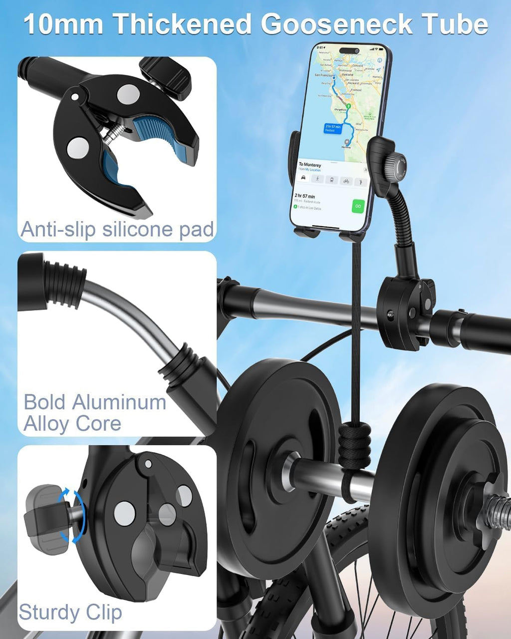 Phone Holder for Bike Handlebar, Gooseneck Motorcycle Phone Mount Clamp, Bicycle Scooter Cell Phone Clip for Adults Kids, Bike Bicycle Ebike Gear Accessories, for iPhone 17 16, 4-7" Phones