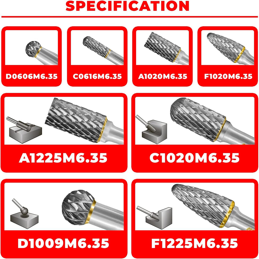 Tungsten Carbide Burr Set 1/4" Shank 8PC Double Cut Rotary Cutting Burrs Die Grinder Bits for Steel and Wood Working, Grinding, Carving, and Engraving