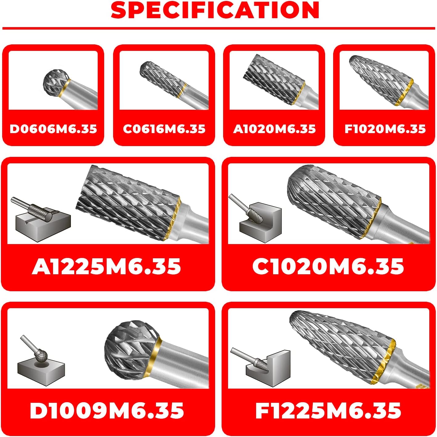 Tungsten Carbide Burr Set 1/4" Shank 8PC Double Cut Rotary Cutting Burrs Die Grinder Bits for Steel and Wood Working, Grinding, Carving, and Engraving