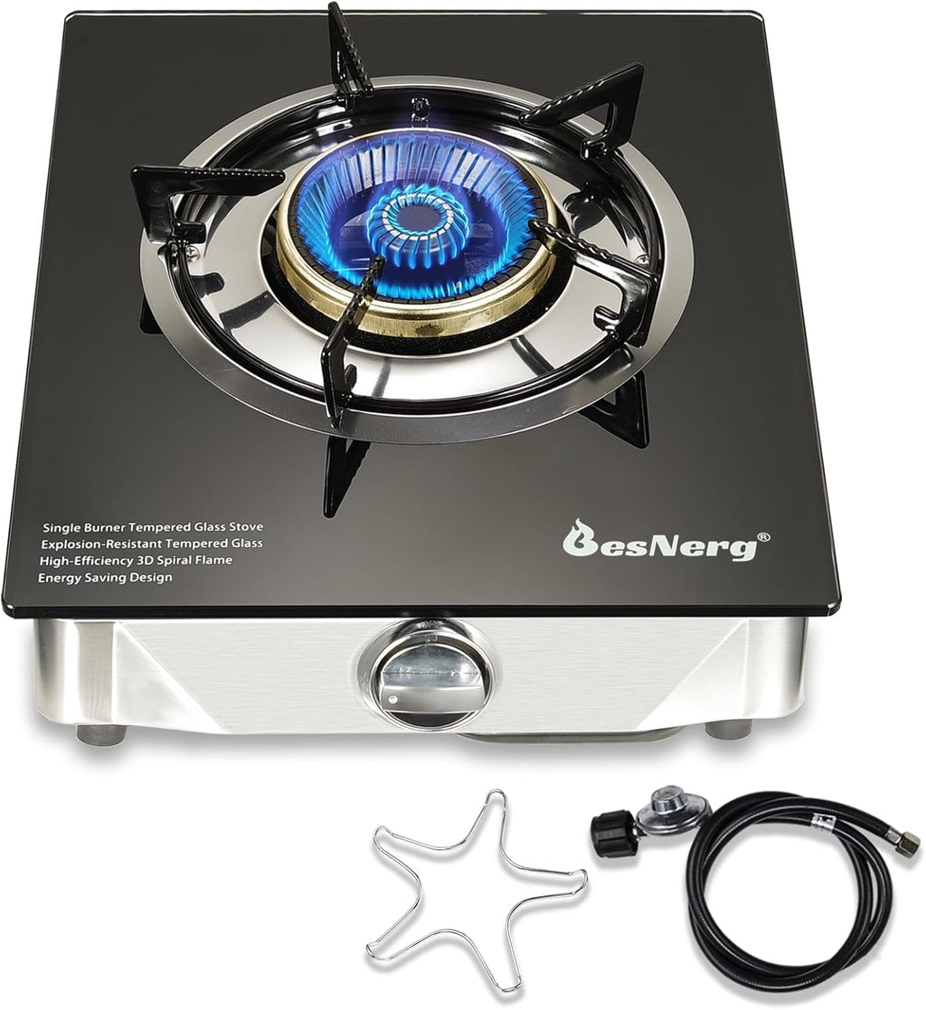 1 Burner Propane Gas Stove with Auto Ignition, 14500 BTU High-Efficiency Heavy-Duty Tempered Glass Cooktop, CSA Regulator & Hose Included, for Outdoor Camping Emergency
