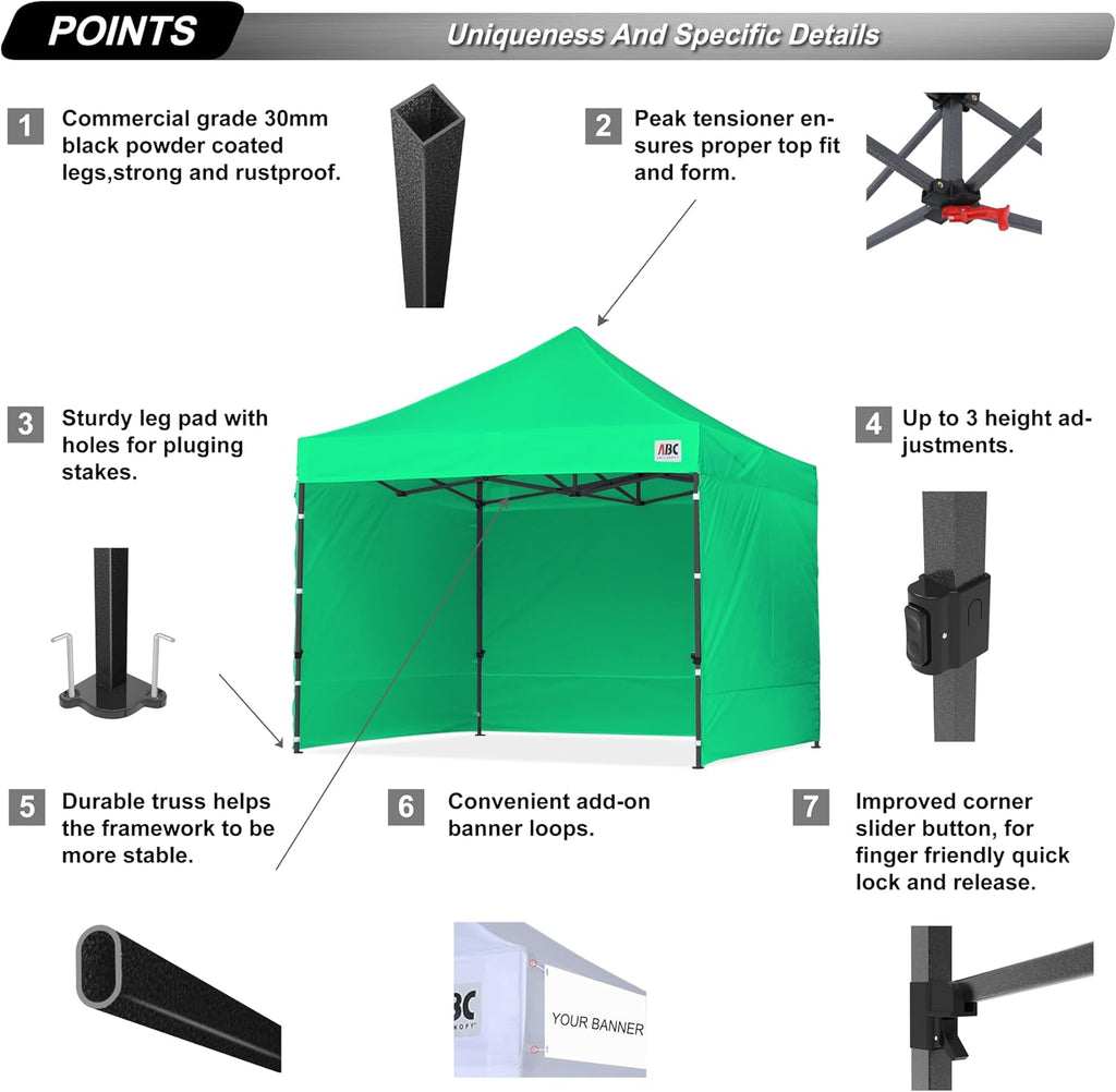 ABCCANOPY Heavy Duty Easy Pop up Canopy Tent with Sidewalls 10x10, Kelly Green