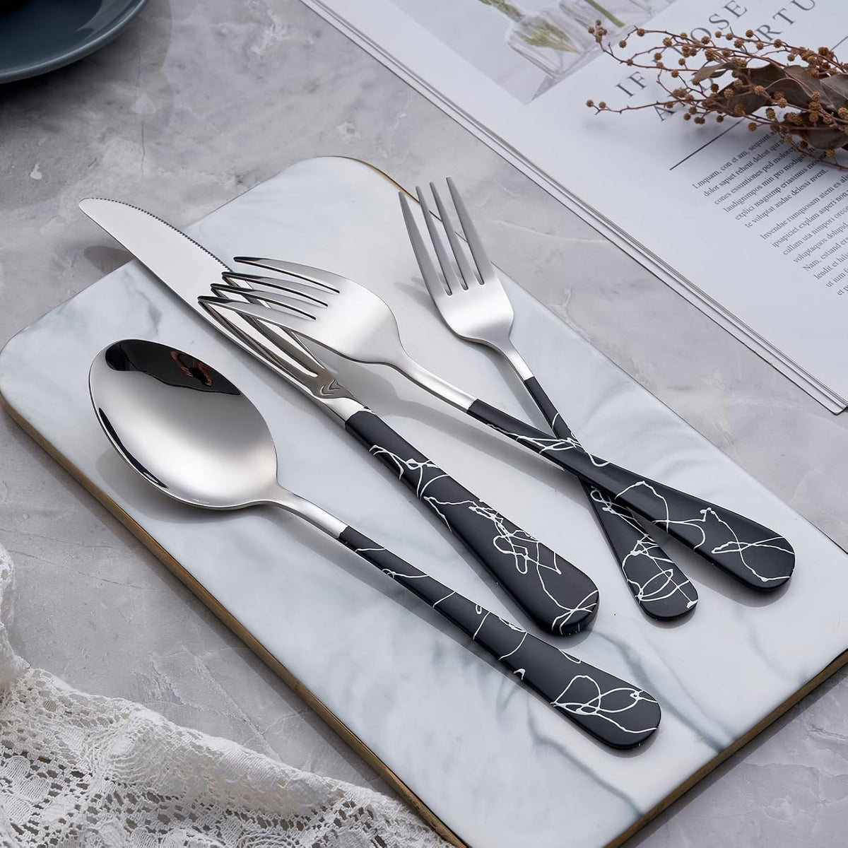 20-Piece Black cracks Silverware Set 18/0 Stainless Steel Silverware Set Yellow Handle Cutlery Black Set Service for 4 Dinner Knives Forks Spoons Set Flatware Set Finish Dishwasher Safe