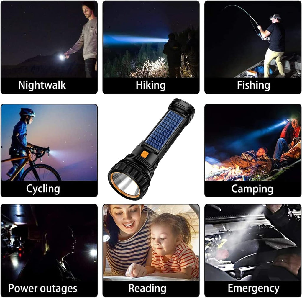 E-SHIDAI 6PCS Solar/Rechargeable Multi Function 1000 Lumens LED Flashlight, with Emergency Strobe Light and 1200 Mah Battery, Emergency Power Supply and USB Charging Cable, Fast Charging