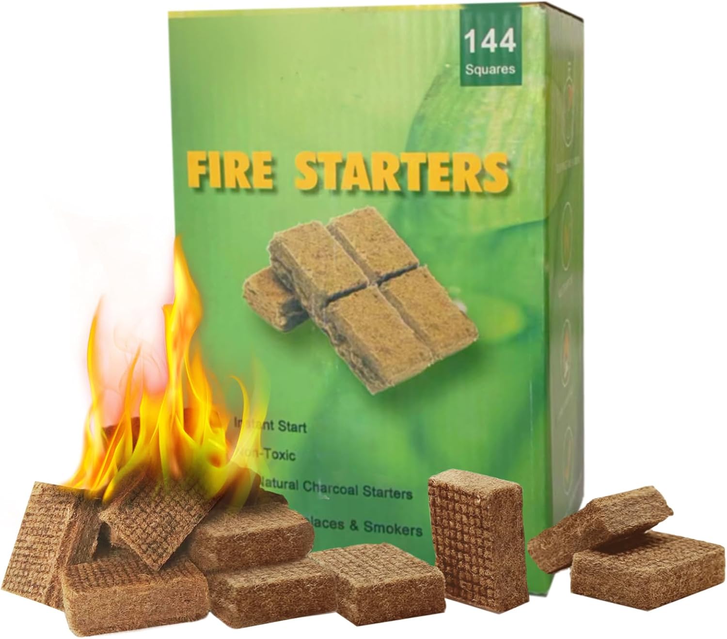 144 Pack Fire Starter Cubes|Fiber Blocks,35 Minutes Long Burning All Weather Firelighters,Waterproof & Windproof for Grill,BBQ,Fire Pit,Camping,Survival,Natural Wood Firelighters(Easy Ignite)